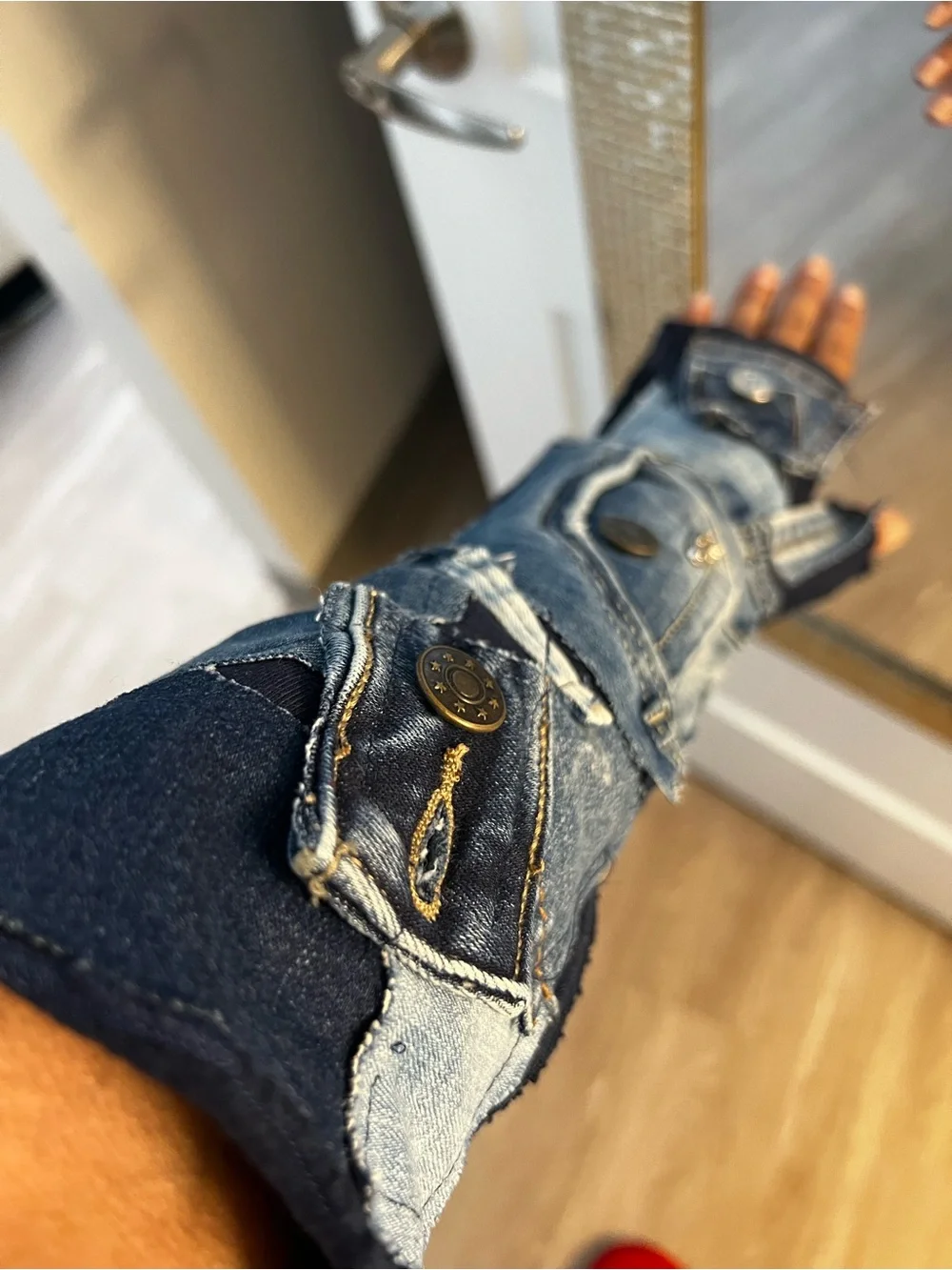 Denim Patchwork Fingerless Gloves- Blue OS